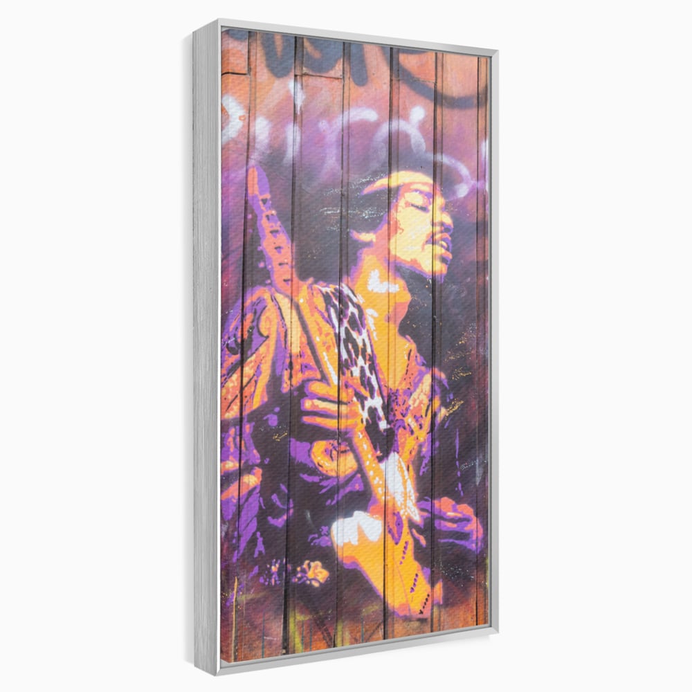 Tablou canvas cu tablou canvas cu jimi hendrix cantand la chitara, in rama de aluminiu argintiu